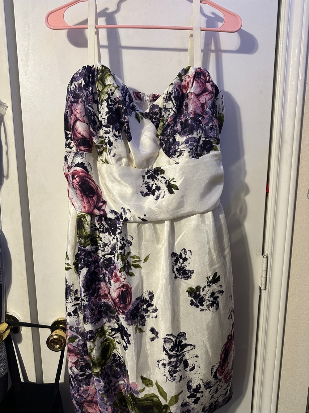 Torrid Bubble Floral Satin Strapless Dress in White and Purple